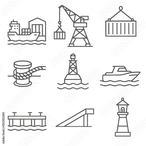 Port and Harbor Icons. Outline style icons of Ports and Harbors: cargo dock, port crane, shipping container, mooring rope, harbor
