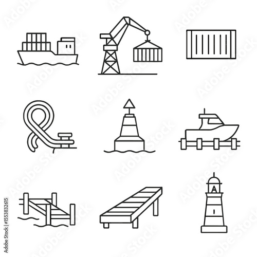 Port and Harbor Icons. Outline style icons of Ports and Harbors: cargo dock, port crane, shipping container, mooring rope, harbor