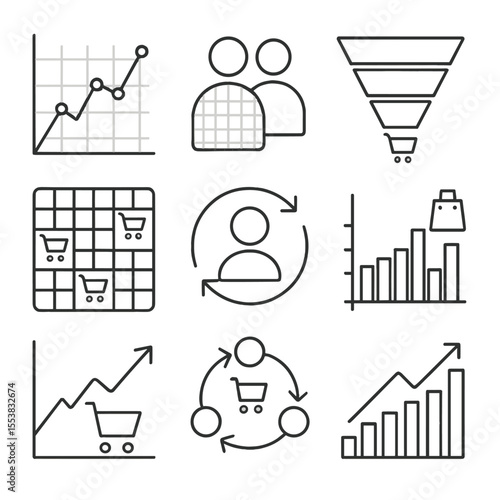 Shopping Analytics Icons. Outline style icons of Shopping Habits Analytics: behavior chart, buyer segmentation, traffic funnel,