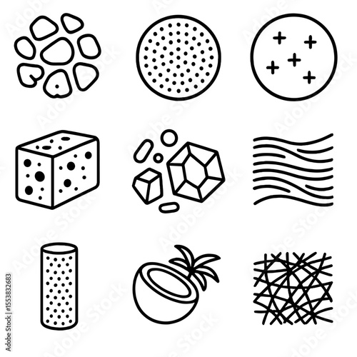 Filtration Media Icons. Outline style icons of Filtration Media Types: activated carbon granules, ceramic filter disc,