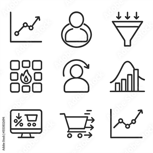 Shopping Analytics Icons. Outline style icons of Shopping Habits Analytics: behavior chart, buyer segmentation, traffic funnel,