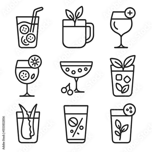 Outline Wellness Beverages Icons. Outline style icons of Mocktail and Wellness Beverages: cucumber detox glass, herbal infusion