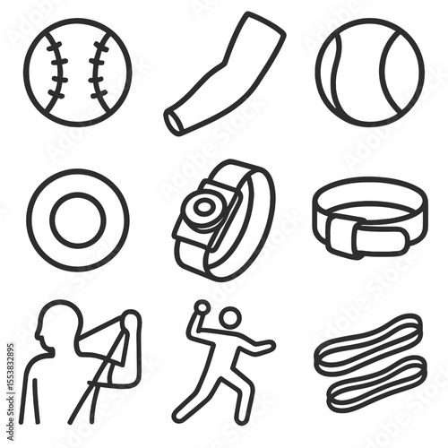 Baseball Gear Icons. Outline style icons of Baseball Throwing Gear: weighted ball, throwing sleeve, plyo ball, grip strength ring,
