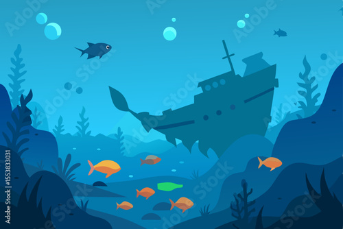 A vibrant school of fish swims in the deep blue ocean, illuminated by sun rays, showcasing marine life in a stunning underwater illustration