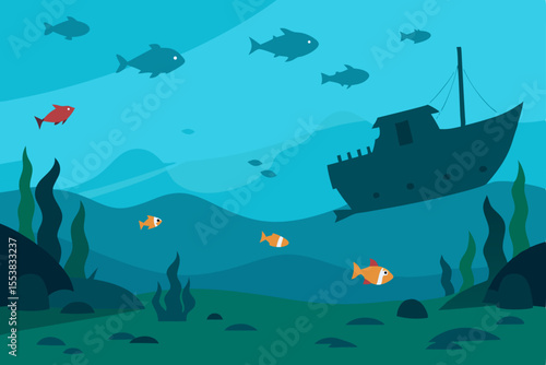 A dynamic illustration captures a vibrant school of fish navigating the deep blue ocean alongside a sleek shark, bathed in shimmering underwater light