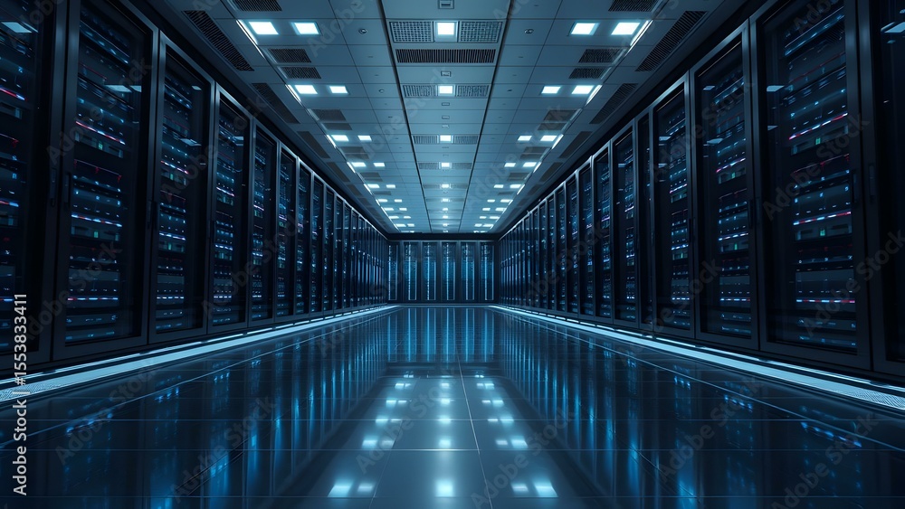 Futuristic data center featuring advanced technology and sleek design with illuminated server racks. Futuristic data center featuring advanced technology and sleek design with illuminated server racks.