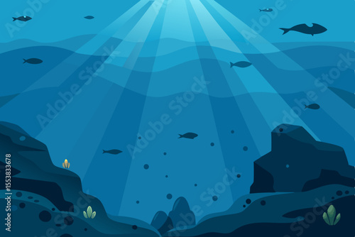 Undersea world map with marine life and fishes swimming in the deep blue ocean, illuminated by sunlight through clear water, a perfect vector illustration for divers exploring nature's coral reef