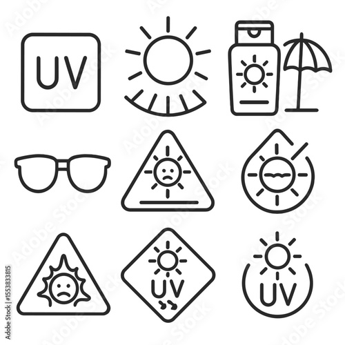 UV Exposure Icons. Outline style icons of UV and Sun Exposure: UV index icon, sun with rays scale, sunscreen icon, shade umbrella,