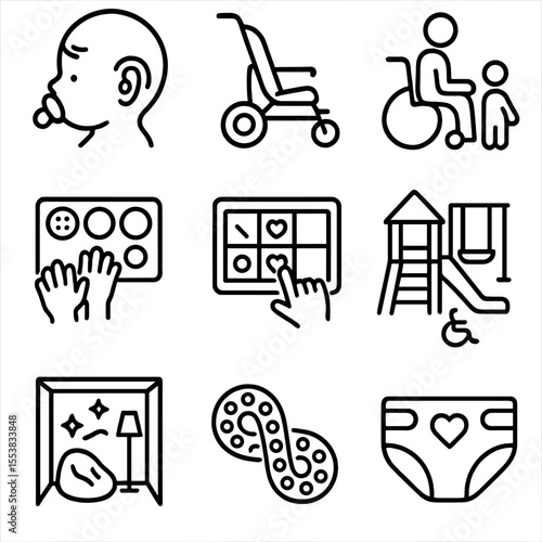 Inclusive Parenting Icons. Outline style icons of Inclusive Parenting: baby with hearing aid, adaptive stroller, parent with
