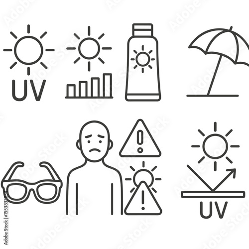 UV Exposure Icons. Outline style icons of UV and Sun Exposure: UV index icon, sun with rays scale, sunscreen icon, shade umbrella,