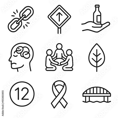 Addiction Recovery Icons. Outline style icons of Addiction and Recovery: broken chain, recovery road sign, helping hand with
