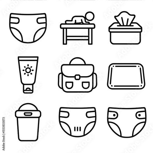 Diapering Essentials Icons. Outline style icons of Diapering Needs: diaper icon, changing table, baby wipes, rash cream, diaper