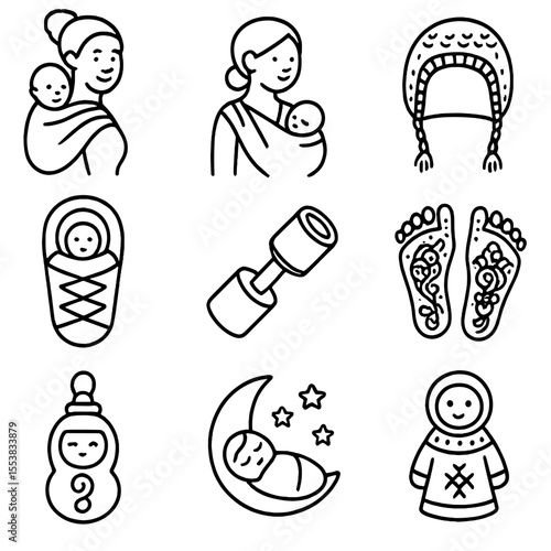 Cultural Baby Icons. Outline style icons of Cultural Baby Items: baby wrap (Africa), sling carrier (Asia), knitted bonnet (Europe)