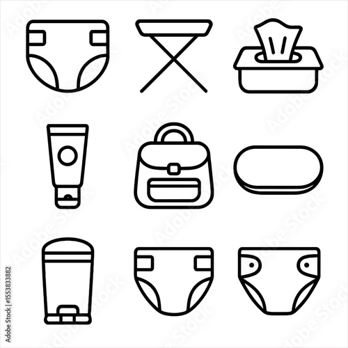 Diapering Essentials Icons. Outline style icons of Diapering Needs: diaper icon, changing table, baby wipes, rash cream, diaper