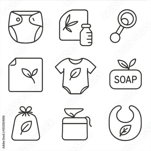 Eco Baby Essentials Icons. Outline style icons of eco baby lifestyle: cloth diaper, bamboo wipe, glass bottle, wooden rattle,