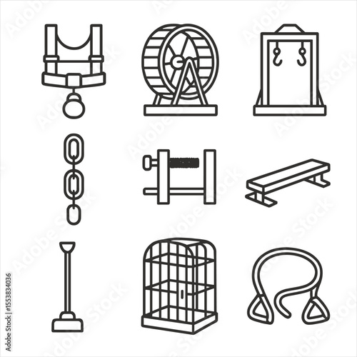 Outline Endurance Icons. Outline style icons of torment implements endurance: weight harness, endurance wheel, stress frame,
