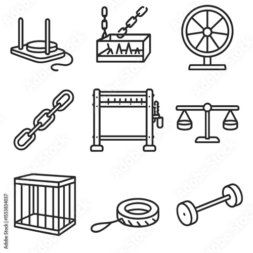 Torment Implement Icons. Outline style icons of torment implements exhaustion: weight sled, endurance trap, fatigue wheel, stress