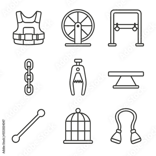 Outline Endurance Icons. Outline style icons of torment implements endurance: weight harness, endurance wheel, stress frame,