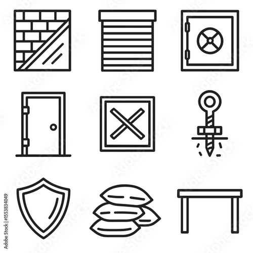 Tornado Protection Icons. Outline style icons of tornado protection: reinforced wall, storm shutter, safe room, heavy door, window