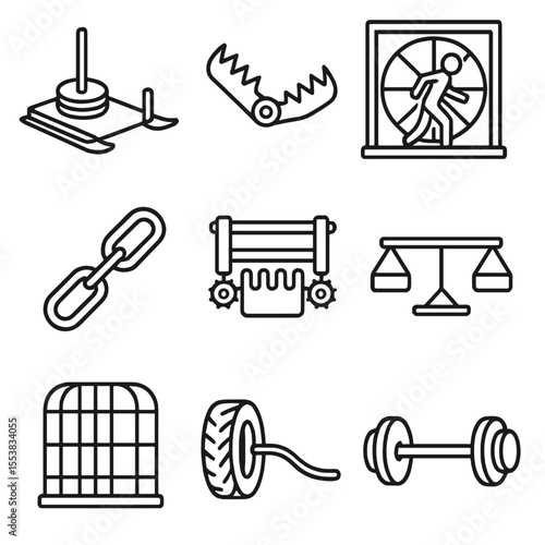 Torment Implement Icons. Outline style icons of torment implements exhaustion: weight sled, endurance trap, fatigue wheel, stress
