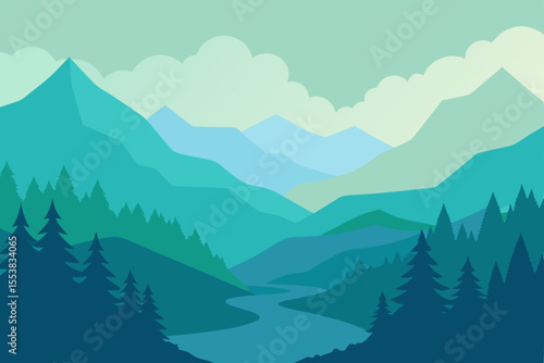 A breathtaking mountain landscape unfolds with majestic peaks, snow-capped or green, piercing a sky often adorned with clouds or mist, alongside lush forests and valleys, embodying the serene beauty o