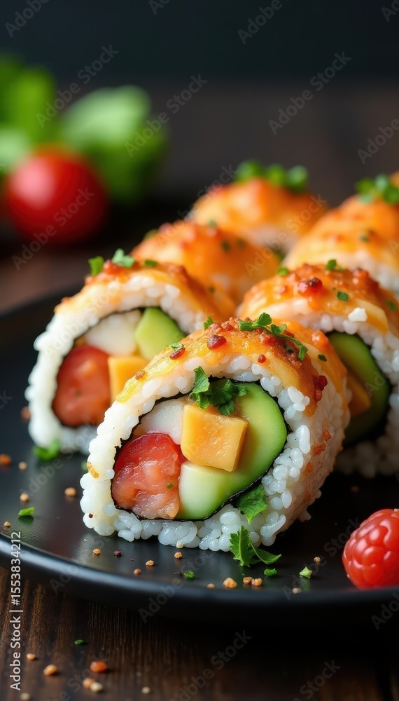 Elegant sushi burrito platter, colorful fillings visible, catering service, appetizing Elegant sushi burrito platter, colorful fillings visible, catering service, appetizing