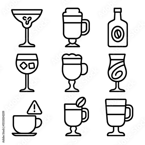 Coffee Cocktail Icons. Outline style icons of Coffee Cocktails: espresso martini, Irish coffee, coffee liqueur bottle, chilled