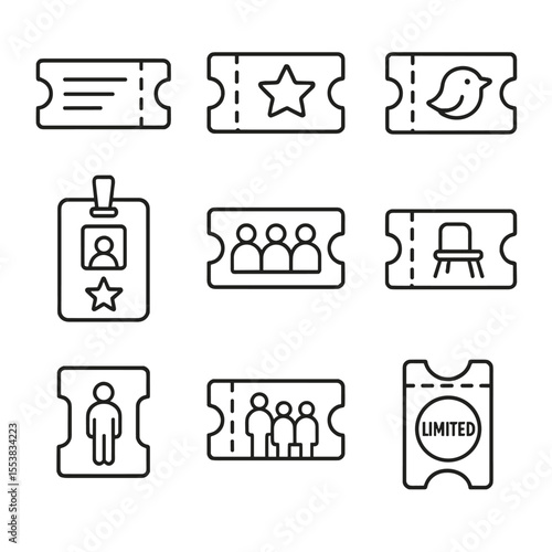 Ticket Icons Collection. Outline style icons of Ticket Types and Categories: general admission, VIP icon, early bird ticket,