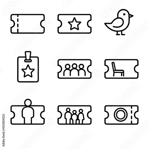Ticket Icons Collection. Outline style icons of Ticket Types and Categories: general admission, VIP icon, early bird ticket,
