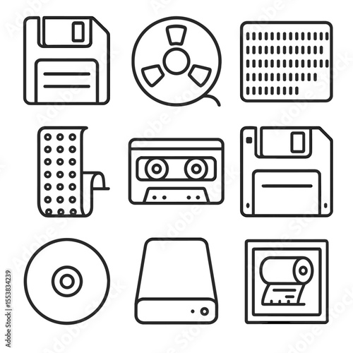 Classic Data Storage Icons. Outline style icons of Classic Data Storage: floppy disk, magnetic tape reel, punch card, paper tape,