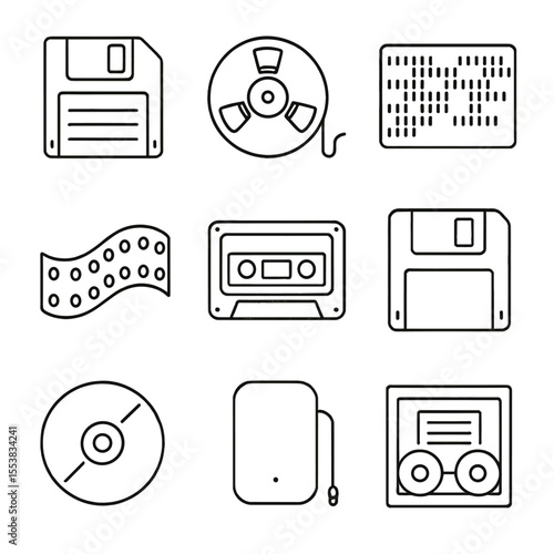 Classic Data Storage Icons. Outline style icons of Classic Data Storage: floppy disk, magnetic tape reel, punch card, paper tape,