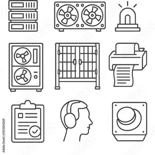 Retro Data Center Icons. Outline style icons of Retro Data Centers: stacked server towers, cooling fan block, blinking terminal