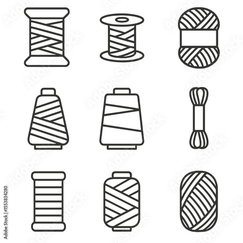 Yarn and Thread Icons. Outline style icons of Yarn and Threads: spool of thread, bobbin, skein of yarn, cone thread, overlock