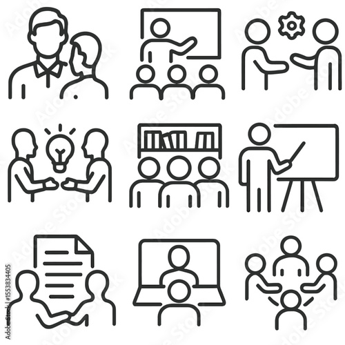 Knowledge Sharing Icons. Outline style icons of Learning and Knowledge Sharing: mentorship icon, group training session, skills
