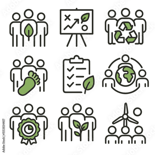 Sustainable Team Icons. Outline style icons of Sustainable Team Goals: green team icon, eco strategy chart, recycling initiative