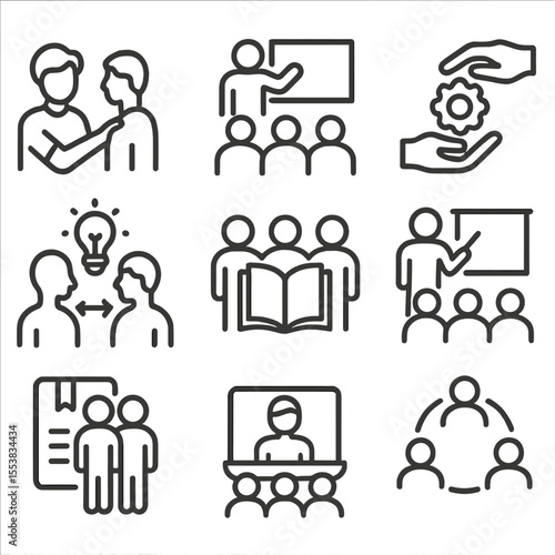 Knowledge Sharing Icons. Outline style icons of Learning and Knowledge Sharing: mentorship icon, group training session, skills