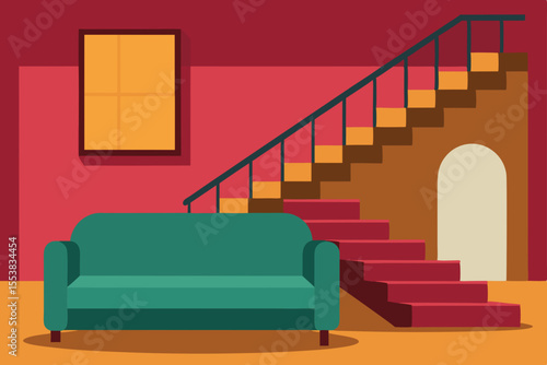 A luxurious 3D interior design features a grand staircase with red and green carpeting, complemented by a comfortable living room with contemporary fu