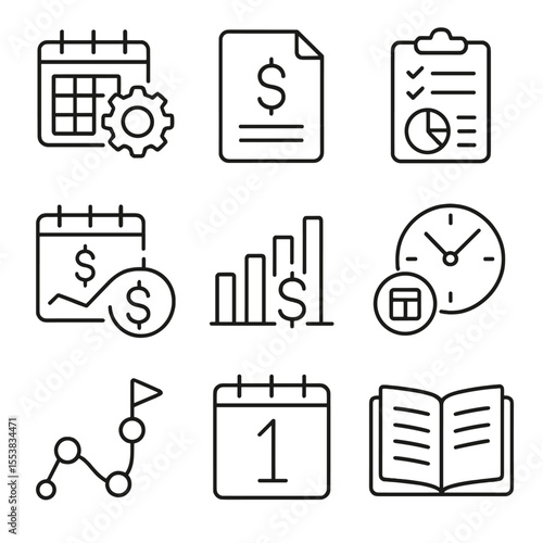Annual Tax Icons. Outline style icons of Annual Tax Tasks: year-end planning icon, yearly tax file, annual budget review, form