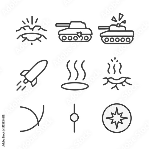 Tank Impact Icons. Outline style icons of Tank Shell Impact: crater behind tank, shell hole in side, exploded hatch, smoke trail