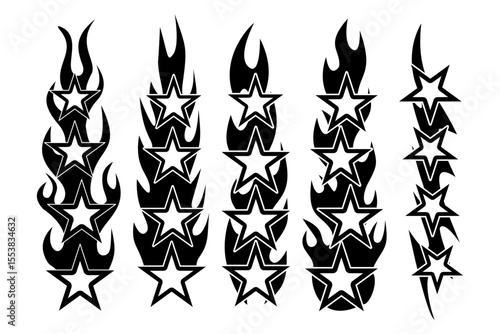 Flames with stars tattoo design set, flames tribal with stars design element set Y2K style