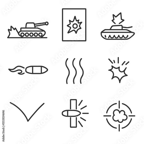 Tank Impact Icons. Outline style icons of Tank Shell Impact: crater behind tank, shell hole in side, exploded hatch, smoke trail