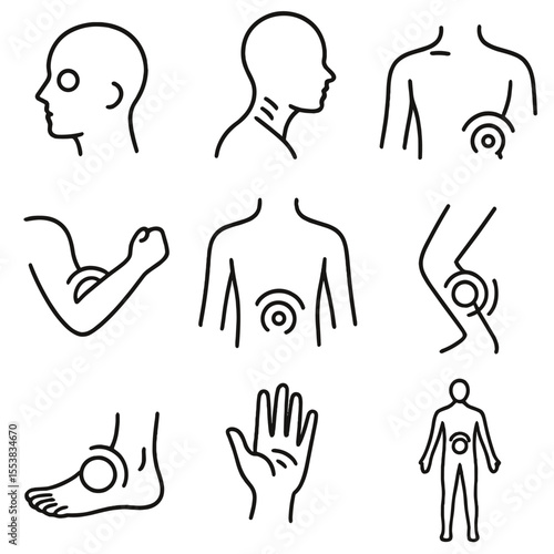 Pain Location Icons. Outline style icons of Pain Location Symptoms: head pain dot, neck stiffness icon, shoulder ache, elbow
