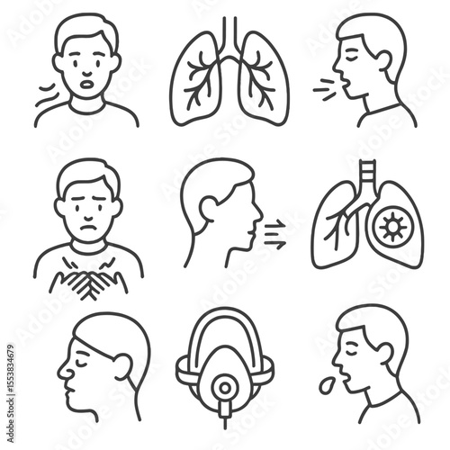 Respiratory Symptom Icons. Outline style icons of Respiratory Symptoms: shortness of breath, wheezing lungs, dry cough, chest