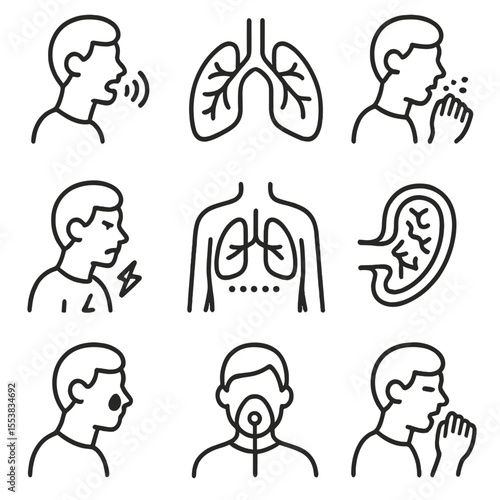 Respiratory Symptom Icons. Outline style icons of Respiratory Symptoms: shortness of breath, wheezing lungs, dry cough, chest