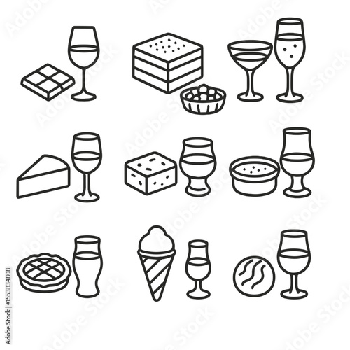 Dessert and Alcohol Pairings. Outline style icons of Dessert and Alcohol Pairings: chocolate and red wine, tiramisu and espresso