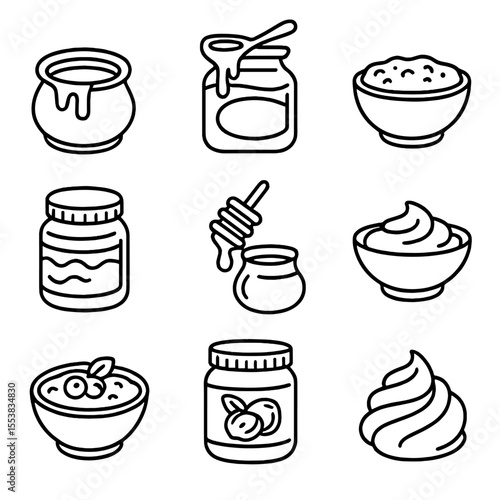 Sweet Spread Icons. Outline style icons of Sweet Dips and Spreads: caramel pot, chocolate sauce jar, jam bowl, peanut butter jar,