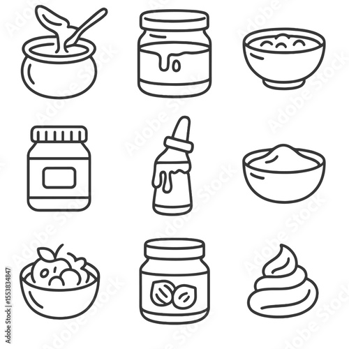 Sweet Spread Icons. Outline style icons of Sweet Dips and Spreads: caramel pot, chocolate sauce jar, jam bowl, peanut butter jar,