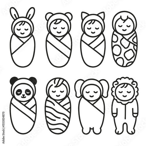 Animal Baby Swaddle Icons. Outline style icons of Animal-Themed Swaddled Baby: baby wrapped like bunny, bear-themed wrap, baby