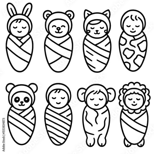 Animal Baby Swaddle Icons. Outline style icons of Animal-Themed Swaddled Baby: baby wrapped like bunny, bear-themed wrap, baby