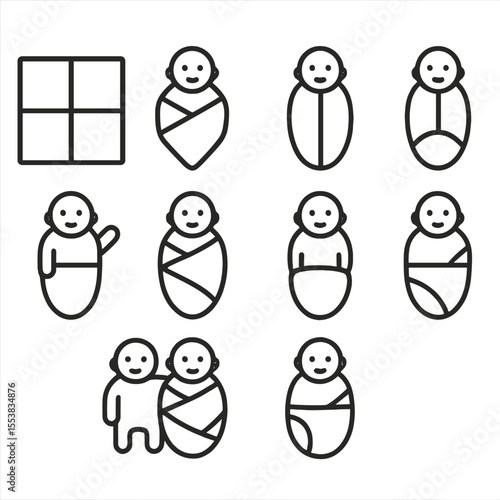 Swaddling Icon Set. Outline style icons of Swaddling Methods: square cloth folding steps, diamond wrap pose, arms-up swaddle, arms